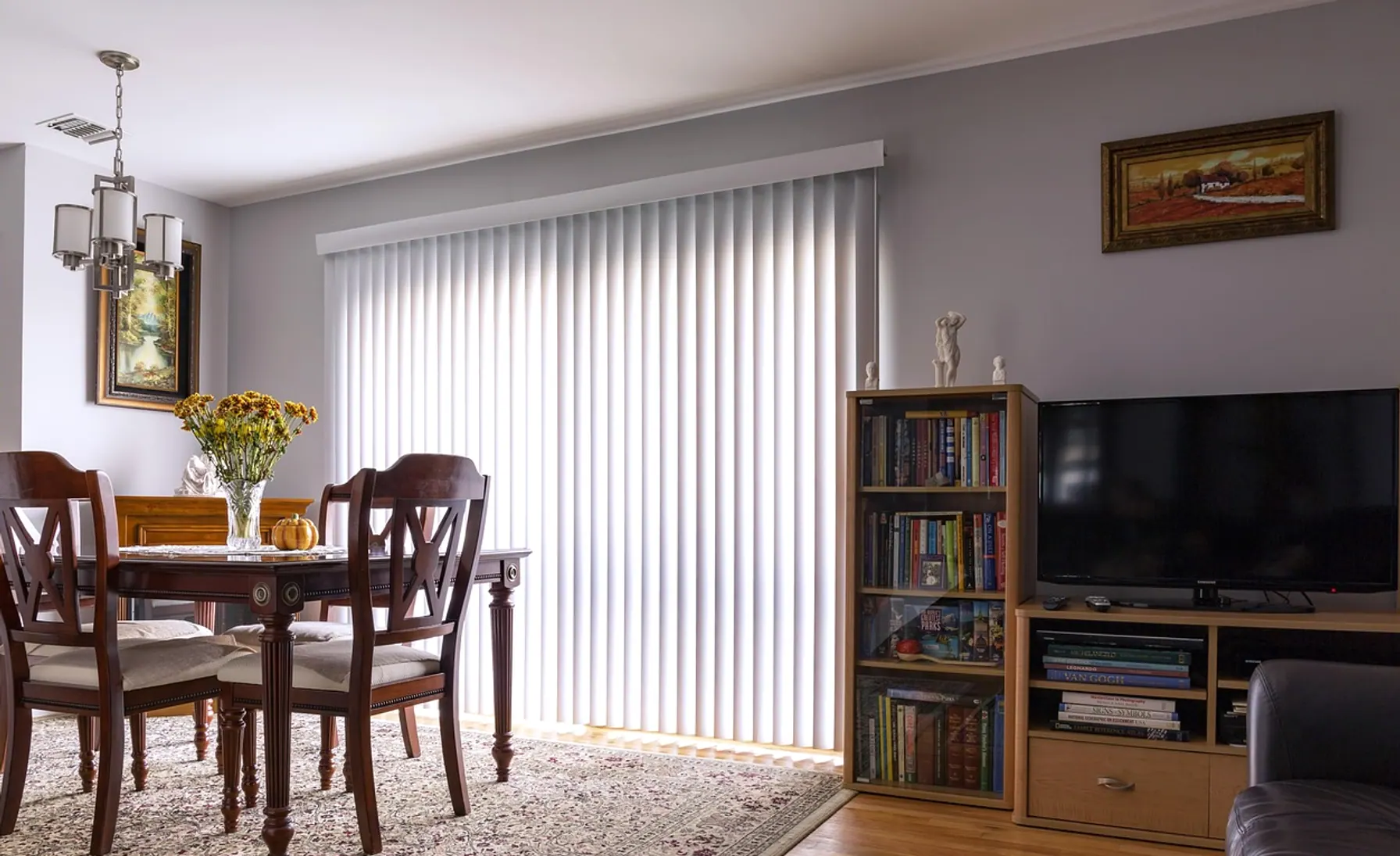 Home interior, vertical blinds and sliding door